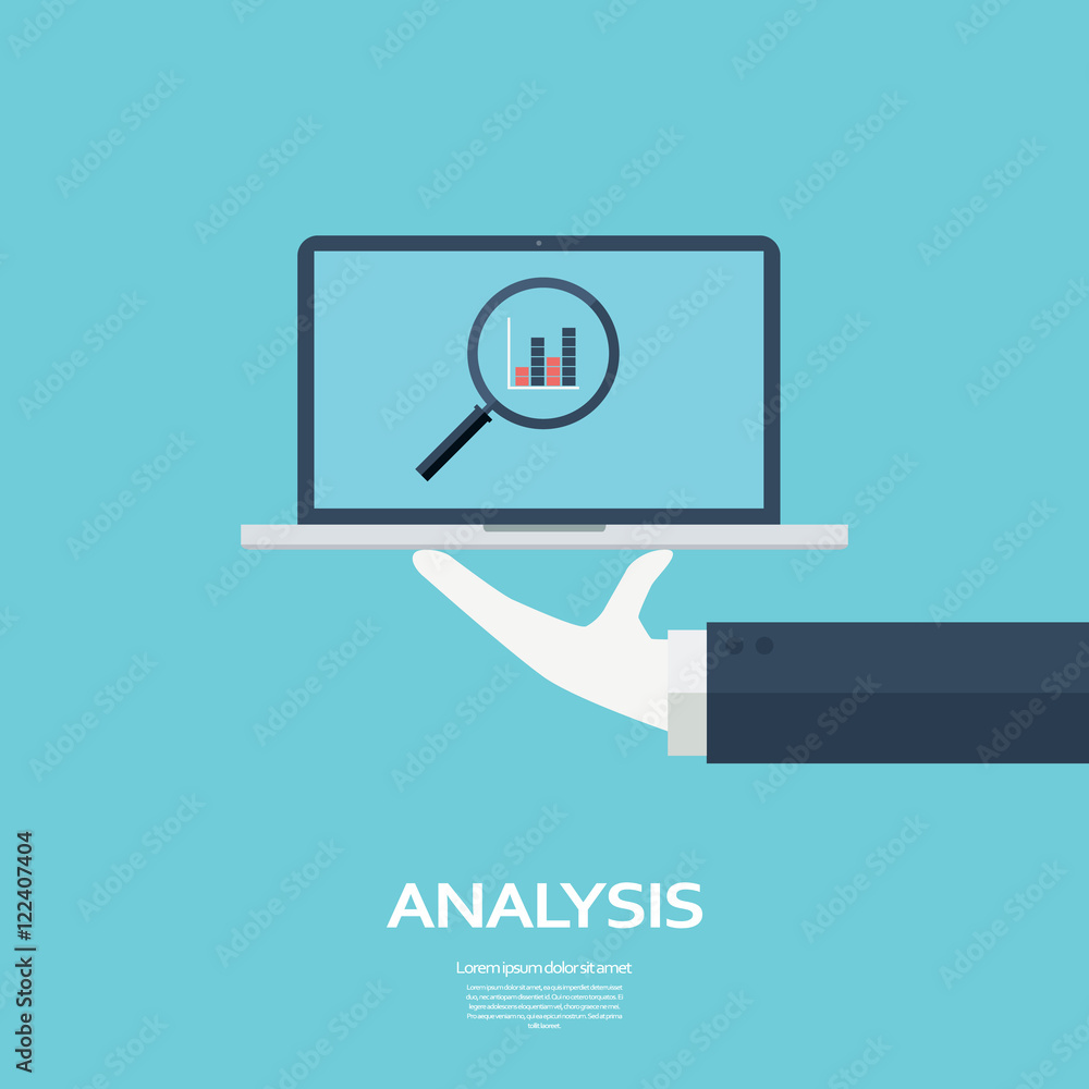 Poster computer analysis background with laptop and serving hand. business report concept for presentations