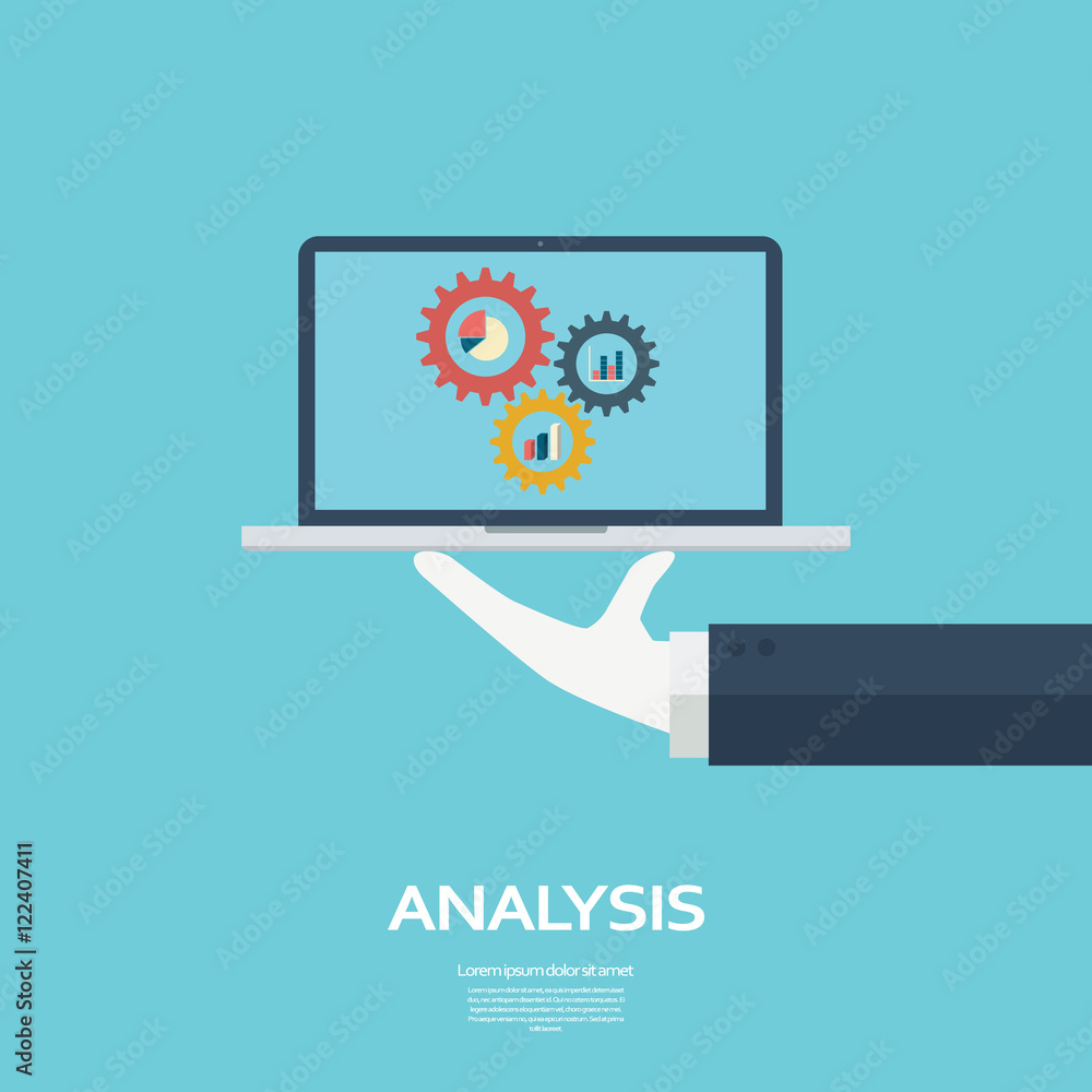 Poster computer analysis background with laptop and serving hand. business report concept for presentations