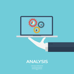Computer analysis background with laptop and serving hand. Business report concept for presentations. 