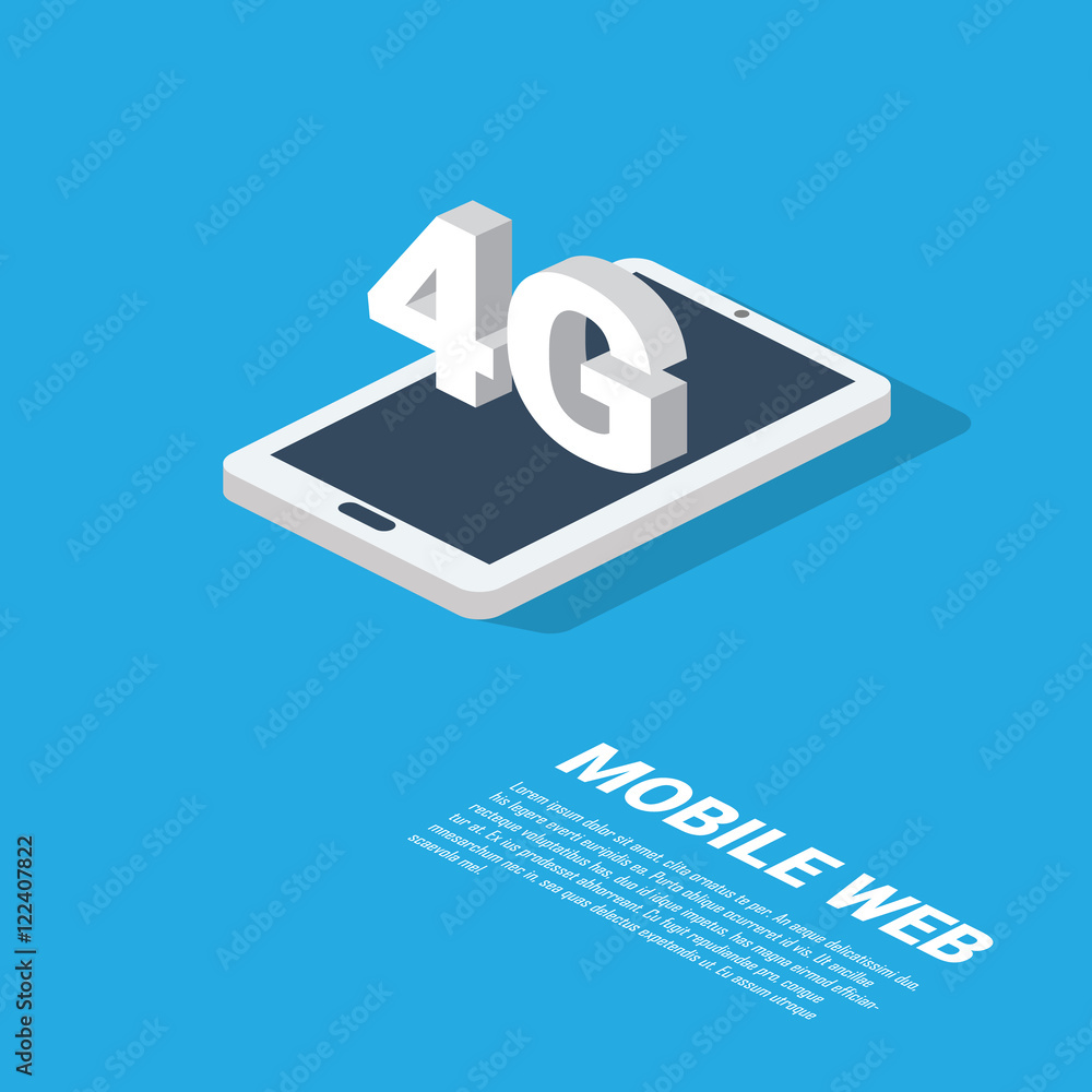 Poster 4g mobile web technology presentation. modern isometric smartphone design with space for text.