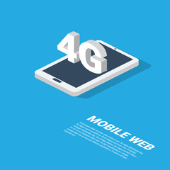 4g mobile web technology presentation. Modern isometric smartphone design with space for text.