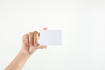 Obraz premium woman's hand showing white paper on white background.