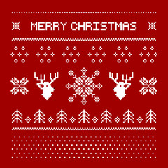 Pixel deers and christmas trees on the white background