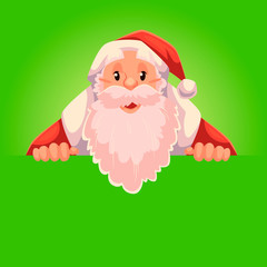 Santa Claus holding a sign with a place for text, cartoon style vector illustration isolated on green background. Half length portrait of Santa holding an empty board, Christmas decoration element