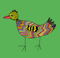 Doodle colorful bird on the green background.