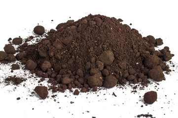 A handful of brown soil. On white, isolated background.