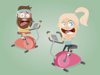 funny couple training on indoor bike trainer