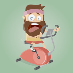 exhausted man training on indoor bike trainer