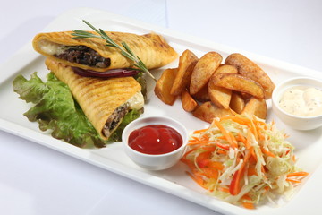 Roll with chicken on plate