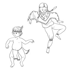 native americans, dancing indian boy and girl in traditional costume