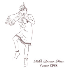 native american, indian woman in traditional costume with flute