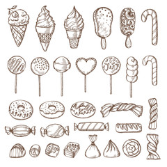 Hand drawn set of candies, cake pops, ice cream and donuts. Retro vintage vector illustration.