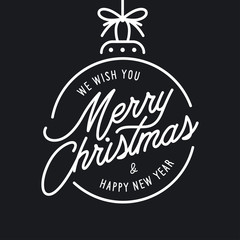 Merry Christmas and Happy New Year lettering template. Monochrome greeting card or invitation. Vector vintage illustration.