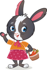 Obraz premium Cute rabbit holding carrot basket while waving greeting and welcoming.