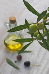 Obraz na płótnie Canvas Extra-virgin olive oil bottle and green olivas