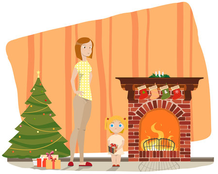 Mother and daughter standing in a room near the fireplace and take the boxes with gifts near a Christmas tree. Vector illustration