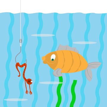 fish swims. looking at a worm on a hook. the worm pretends to be dead. vector illustration of cartoon