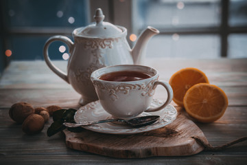 Hot tea in cold winter