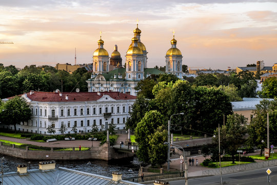 The view from the height of the Nikolsky Cathedral at sunset in