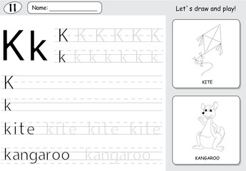 Cartoon kite and kangaroo. Alphabet tracing worksheet: writing A