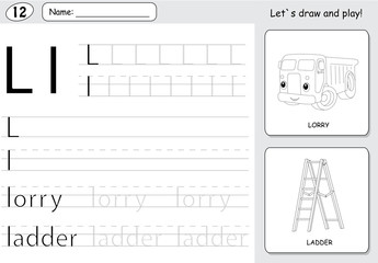 Cartoon lorry and ladder. Alphabet tracing worksheet: writing A-