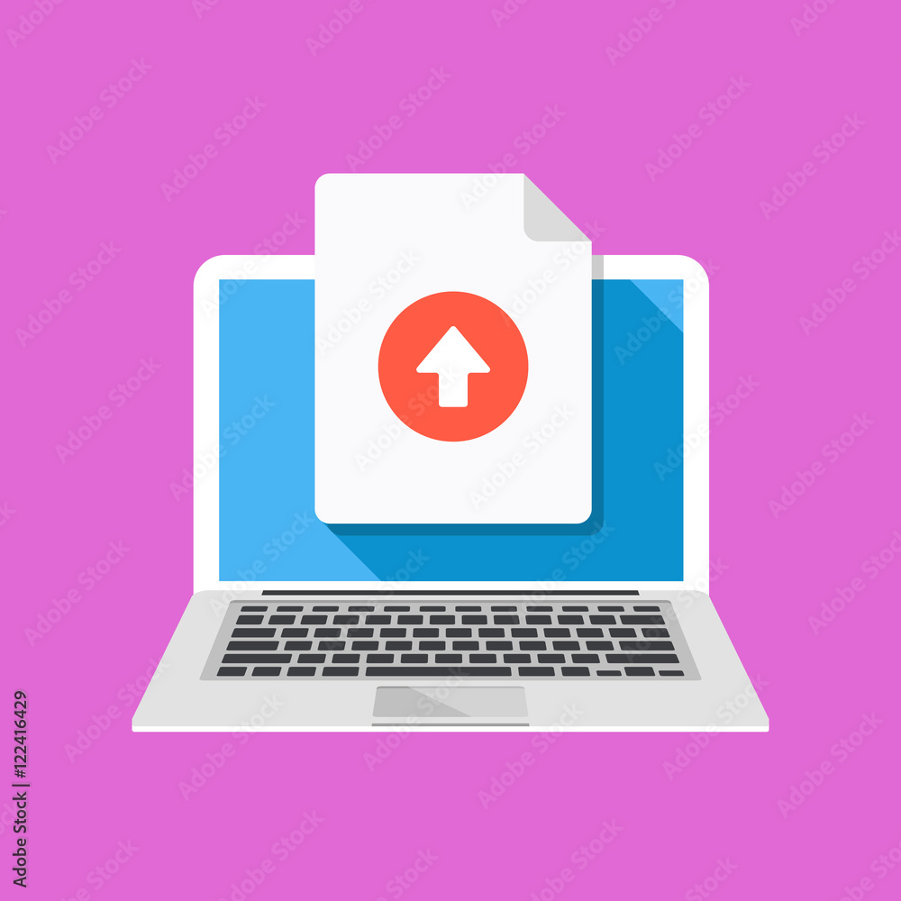 Poster Laptop and upload file icon. Document uploading concept. Flat design graphic with long shadow. Vector illustration