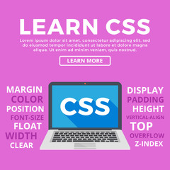 Laptop with CSS word on screen. Learn CSS, programming, web development, coding concepts. Modern graphic for web banners, web sites, printed materials, infographics. Flat design vector illustration