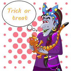 witch with cat on Halloween in comic style. trick or treat