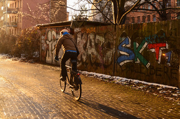 Riding a bike in the winter, Leipzig, Germany