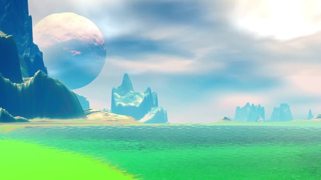 Rocks and  lake. Landscape of stranger planet. 3D Animation. 4K