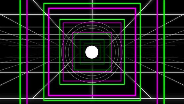 A looping thin line grid animation with forced perspective background and white circle accents.
