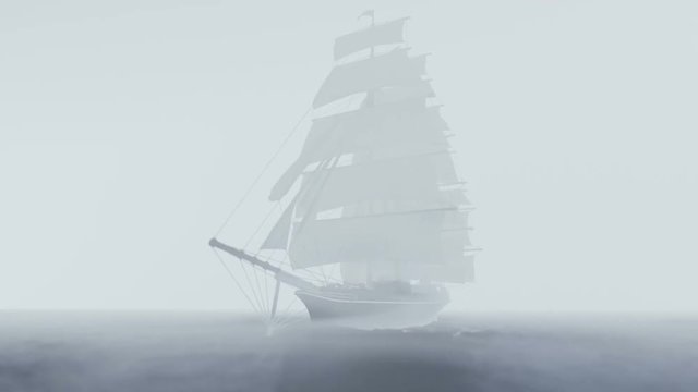 Ship sailing in rough seas with fog and clouds