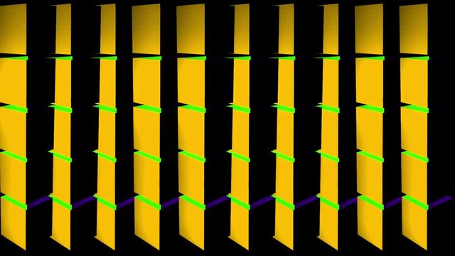 A looping set of rotating multi colored pillars with white tracing accents.