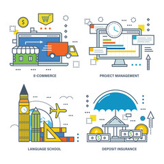 The concept of illustration - e-commerce, project management, language school, insurance.