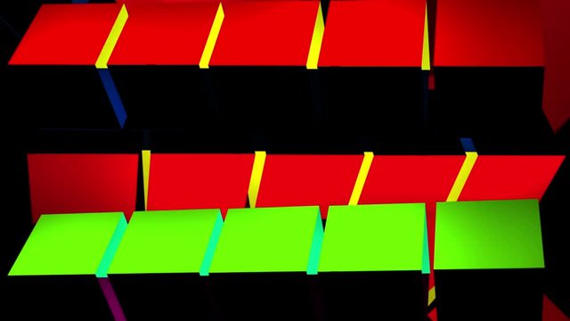 A looping set of rotating multi colored  horizontal pillars with white tracing accents.