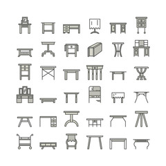 Vector furniture line icons, table symbols. silhouette of different table - dinner, writing, dressing table. Linear desk pictogram with editable stroke for furniture store, platen storage.