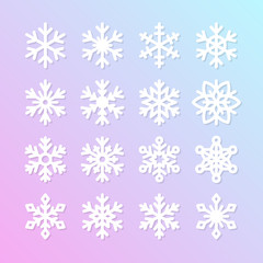 Fototapeta na wymiar Cute snowflake collection isolated on blue background. Flat snow icons, snow flakes silhouette. Nice element for christmas banner, cards. New year ornament. Organic and geometric snowflakes set.