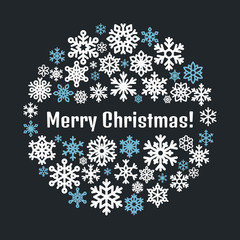 Merry christmas poster template. Vector circle illustration with snow flakes silhouette.