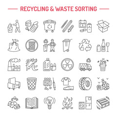 Modern vector line icon of waste sorting, recycling. Garbage collection. Recyclable waste - paper, glass, plastic, metal. Linear pictogram with editable stroke for brochure of waste management