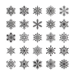 Cute snowflake collection isolated on white background. Flat snow icons, snow flakes silhouette. Nice snowflakes for christmas banner, cards. New year snowflake. Organic and geometric snowflakes set.