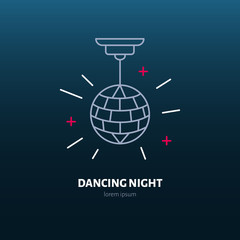Disco ball symbol, retro dance party. Modern vector thin line icon of dancing night. Linear disco ball pictograms for music event, dance club. Disco ball pictogram for music banner, web site.