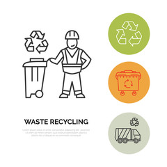 Modern vector line icon of waste sorting, recycling. Garbage collection. Waste sorter, recycler, janitor. Linear pictogram with editable stroke for poster, brochure of waste management