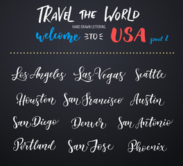 American city vector lettering. Typography, USA - Los Angeles, Las Vegas, Seattle, San Francisco, Houston, San Diego, San Jose, Phoenix, San Antonio, Austin, Denver, Portland on dark background