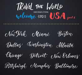 American city vector lettering. Typography, USA - New York, Miami, Boston, Dallas, Washington, Atlanta, Chicago, Detroit, New Orleans, Pittsburgh, Memphis, Baltimore on dark background