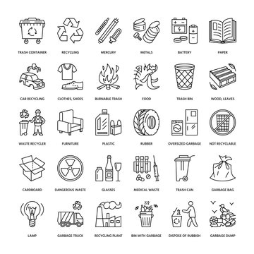 Modern vector line icon of waste sorting, recycling. Garbage collection. Recyclable waste - paper, glass, plastic, metal. Linear pictogram with editable stroke for poster, brochure of waste management