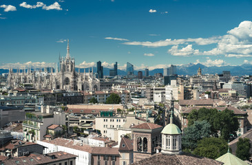 Milano, 2016 panoramic skyline with clear sky and Italian Alps