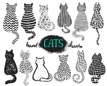 Set of hand draw textured cats in graphic doodle style