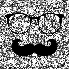 Doodle pattern with black and eyeglasses image for coloring.