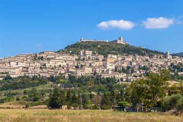 Assisi, Italy. The medieval town on the slopes of Mount Subasio and a Large fortress at the top