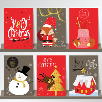 Light red gray love christmas greeting card with snowman,fox,rei